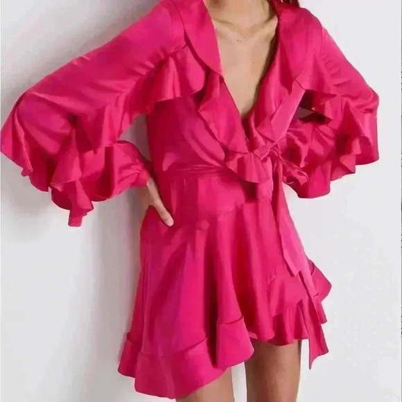 NEW PATBO Ruffle Sleeve Mini Wrap Dress, Color: Flamingo Size  2 NWT $575 - Picture 2 of 6